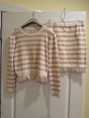 English Factory Striped Fringe Hem Knit Sweater & Skirt Set - Cream & Beige